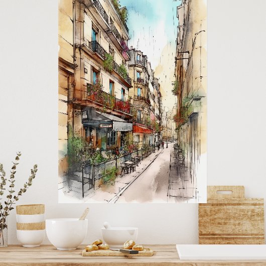 通りのパリ水彩画ポスターアート ポスター (キッチン)