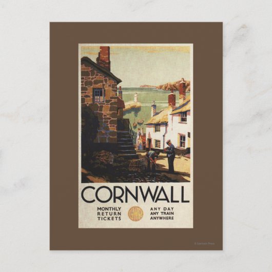 通りの舞台と二人の男が鉄道を使う ポストカード (正面)