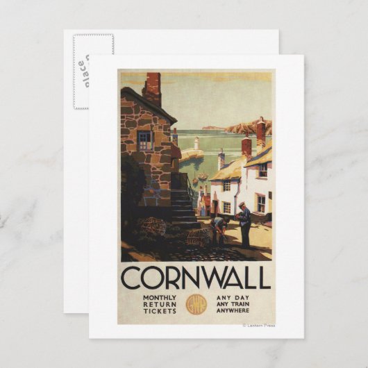 通りの舞台と二人の男が鉄道を使う ポストカード (正面/裏面)