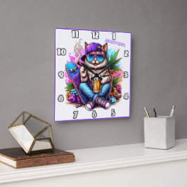 通りクールのパーティーシーンを楽しん鮮やかでいる猫 スクエア壁時計