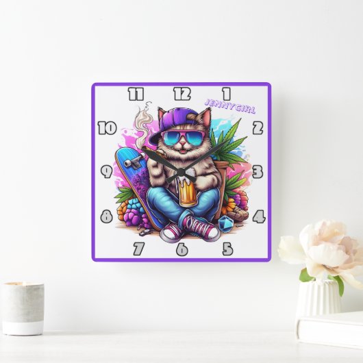 通りクールのパーティーシーンを楽しん鮮やかでいる猫 スクエア壁時計 (ホーム)