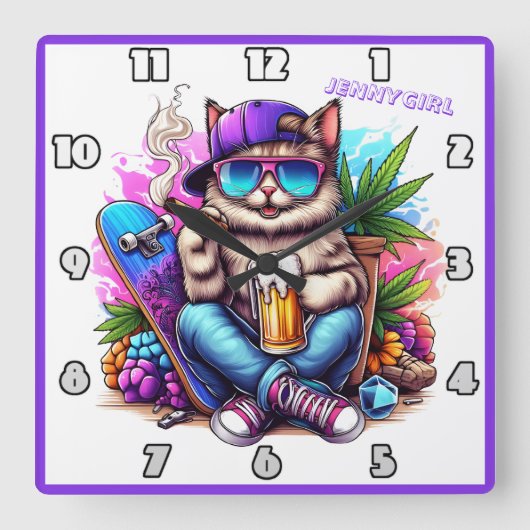 通りクールのパーティーシーンを楽しん鮮やかでいる猫 スクエア壁時計 (正面)