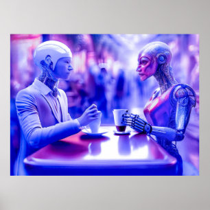 通りコーヒ食べー(AI)でカップルのの飲み物をサイボーグ ポスター