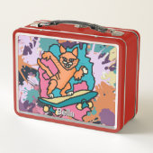 通りレトロキャットオンスケートボード | おもしろい メタルランチボックス (裏面)