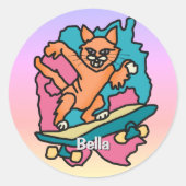 通りレトロキャットオンスケートボード | おもしろい ラウンドシール (正面)