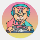 通りレトロ猫（ヘッドフォン付） | おもしろい ラウンドシール (正面)