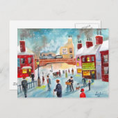 通り忙しシーン冬季列車油彩画アートポー ポストカード (正面/裏面)