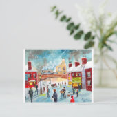 通り忙しシーン冬季列車油彩画 ポストカード (スタンド正面)