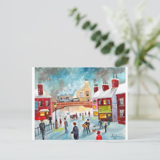 通り忙しシーン冬季列車油彩画 ポストカード (スタンド正面)