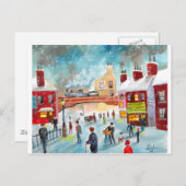 通り忙しシーン冬季列車油彩画 ポストカード (正面/裏面)