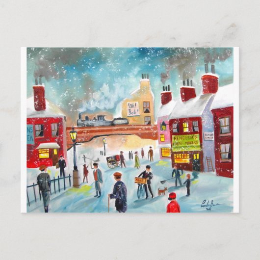 通り忙しシーン冬季列車油彩画 ポストカード (正面)
