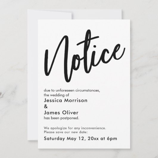 通知白黒結婚の延期 招待状 (正面)