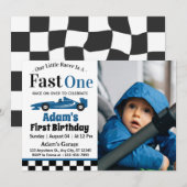 速いブルーレースカー男子1歳誕生日パーティー 招待状 (正面/裏面)