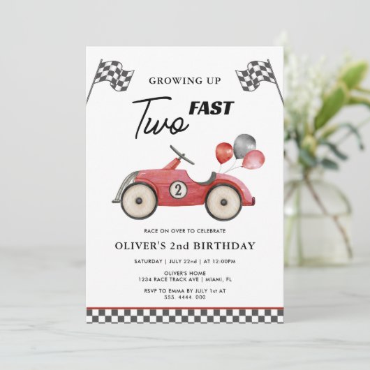 速いレーシングカーの少年たち 2歳の誕生日 招待状 (スタンド正面)