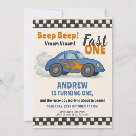 速いレースカーの誕生日パーティー 招待状 (正面)