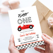 速いワン ヴィンテージ レッド レース カー 1歳 誕生日 招待状