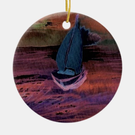 速い微風を航海する航行のヨットの芸術夜 セラミックオーナメント (正面)