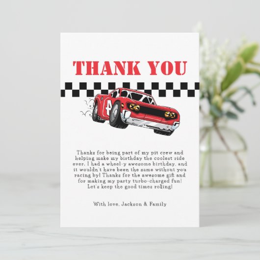 速い現代の赤いレースカー男子2歳の誕生日 サンキューカード (スタンド正面)