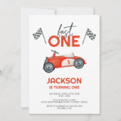 速い赤いレースカーの男の子 1歳の誕生日パーティー 招待状 (正面)
