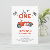 速い赤いレースカーの男の子 1歳の誕生日パーティー 招待状 (スタンド正面)