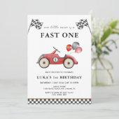 速い赤いレースカー男子1歳誕生日 招待状 (スタンド正面)