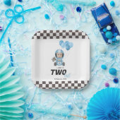 速い青いレースカーのカスタム写真 2歳の誕生日 ペーパープレート (パーティー)