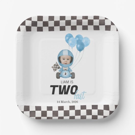 速い青いレースカーのカスタム写真 2歳の誕生日 ペーパープレート (正面)