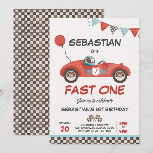 速い1歳の誕生日パーティーレッドレースカー 招待状 (正面/裏面)