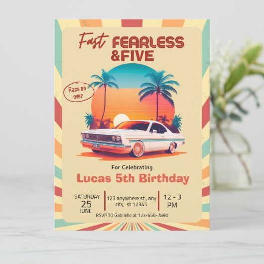 速い 無鉄砲 & 5 レトロ レーシング カー 招待状 (スタンド正面)