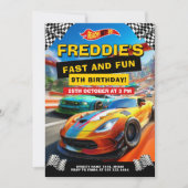 速くて楽しいレースカーの誕生日パーティー　スポーツカー 招待状 (正面)