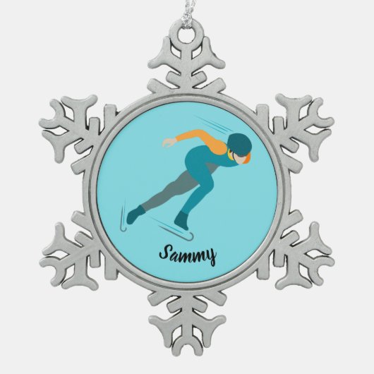 速度スケートで滑る スノーフレークピューターオーナメント (正面)