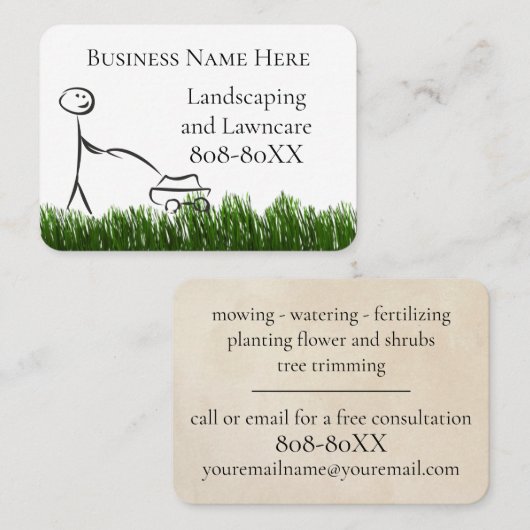 造園芝刈り機と芝生イラストレーション 名刺 (正面/裏面)