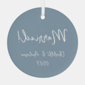 連パーソナライズされた結婚した組の手書き青 ガラスオーナメント (裏面)