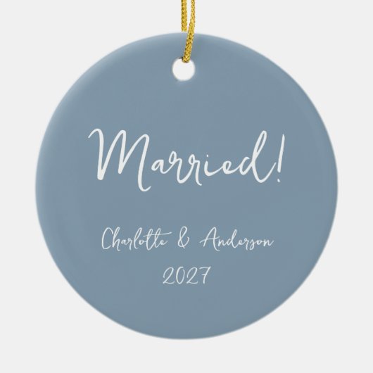 連パーソナライズされた結婚した組の手書き青 セラミックオーナメント (正面)