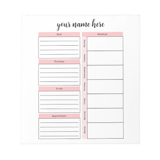 週パーソナライズされた間スケジュールのメモ帳 ノートパッド (正面)