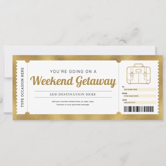 週末お出かけ旅行用ゴールドギフトトラベルバウチャー 招待状 (正面)