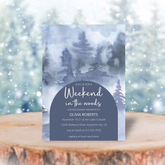 週末に森の冬の森ブライダルシャワー 招待状