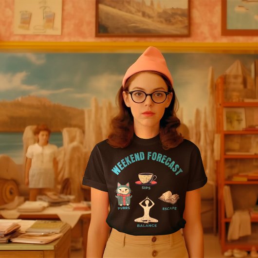 週末の予測ネコ、コーヒー、書籍、ヨガ Tシャツ