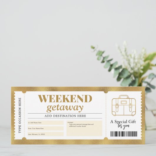 週末の休暇ギフトトリップ旅行金ゴールド伝票 招待状 (スタンド正面)
