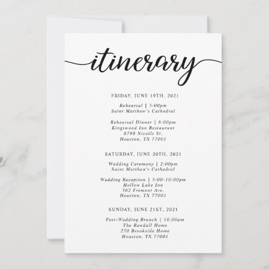 週末の結婚ウェルカムカードと旅程カード (裏面)