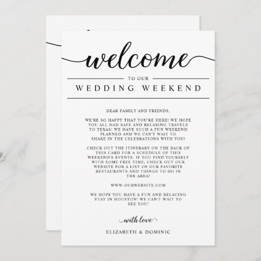 週末の結婚ウェルカムカードと旅程カード (正面/裏面)