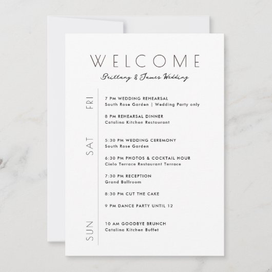 週末の結婚ミニマル旅行日程ウェルカムカード 招待状 (正面)