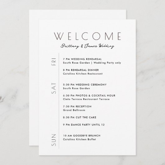 週末の結婚ミニマル旅行日程ウェルカムカード 招待状 (正面/裏面)