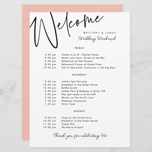 週末の結婚旅程ウェルカムカード 招待状 (正面/裏面)
