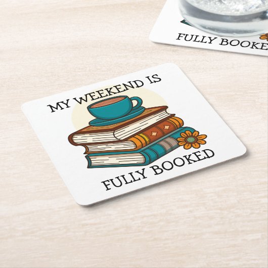 週末は本でいっぱい！ 本好きのためのデザイン スクエアペーパーコースター (アングル)