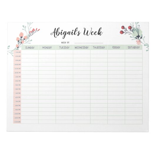 週次の毎時プランナーと日曜日の開始7am - 12am ノートパッド (正面)