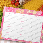 週食計画と食料品一覧 – ピンクフローラ ノートパッド<br><div class="desc">ピンクと黄色の水の色のフローラデザインと週食のプランナーと食料品リスト。バラかわいらしと葉は、週の毎日の食事に書は、余分なノートと2つの列の食料品一覧のための宇宙で印刷された40ページのこのパッドをフレーム。</div>