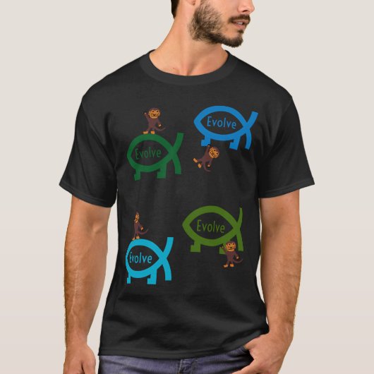 進化するサルと魚のデザイン Tシャツ (正面)