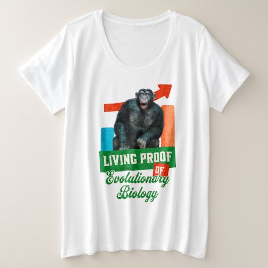 進化生物学の生き証人 おもしろチンパンジー プラスサイズTシャツ (デザイン正面)