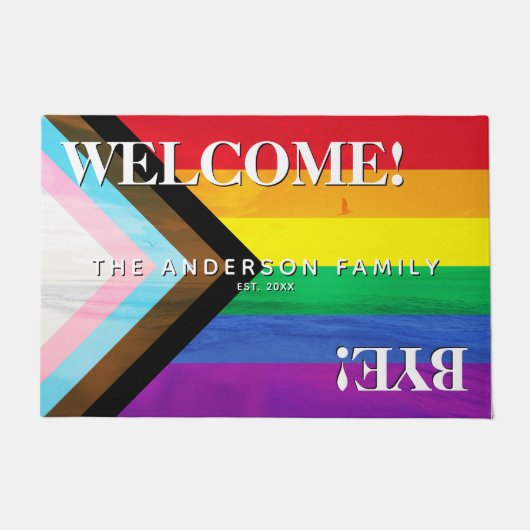 進捗プライドレインボービーチパーソナライズされた歓迎 ドアマット (正面)